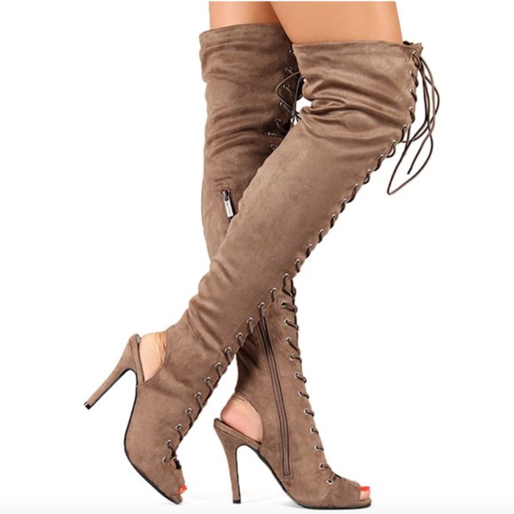 Suede Lace Up Back Cut Out Thigh High Boots - Picture 1 of 8
